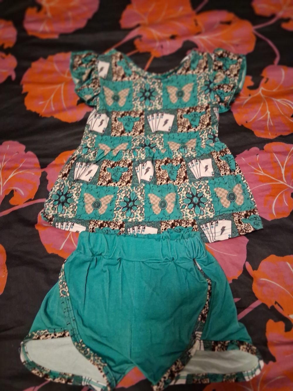 Bamboo Girls Teal Butterfly Floral Top & Shorts Set